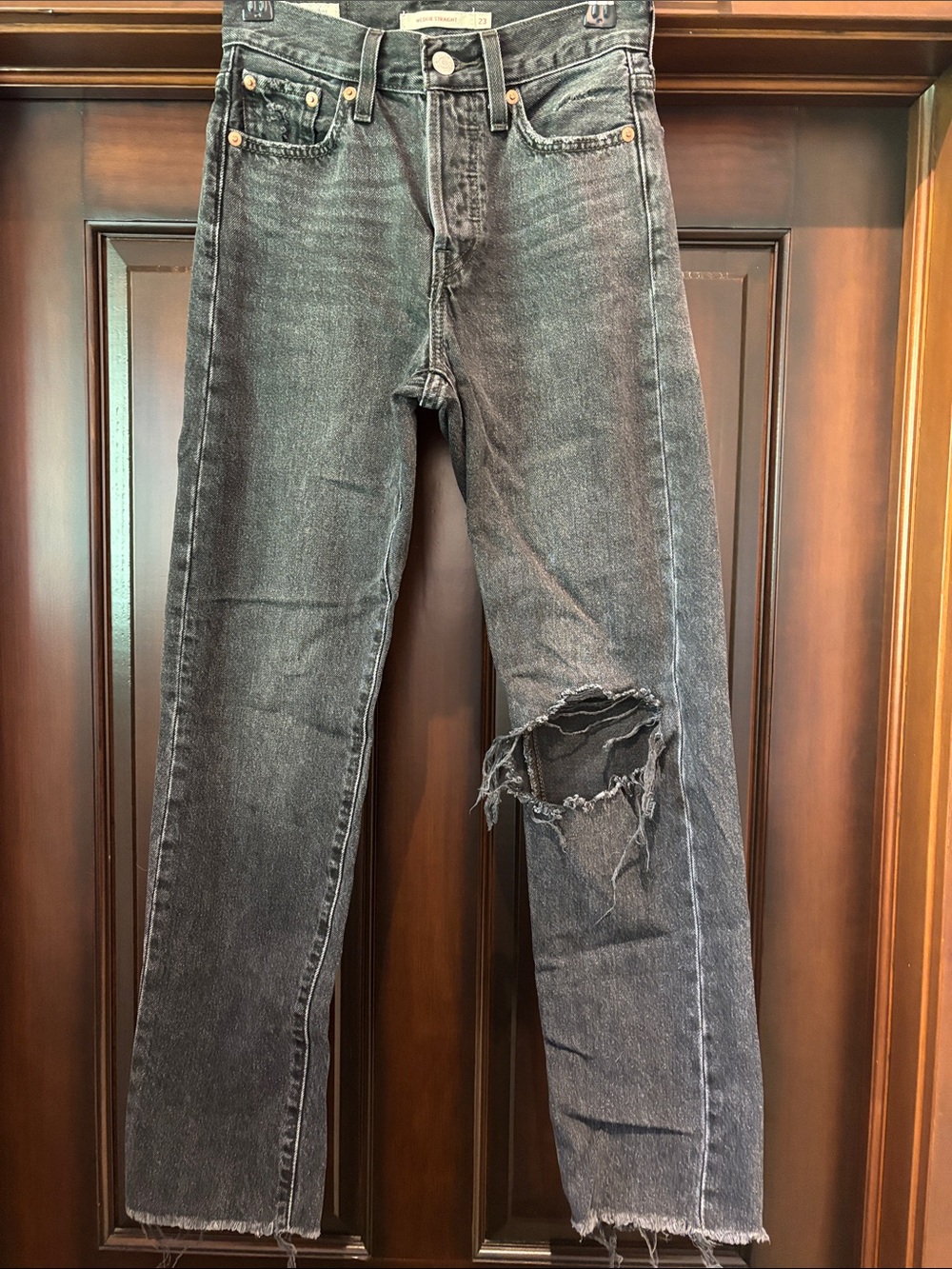 Levi's Wedgie Straight Leg Jeans — Washed Black with Distressed Knee